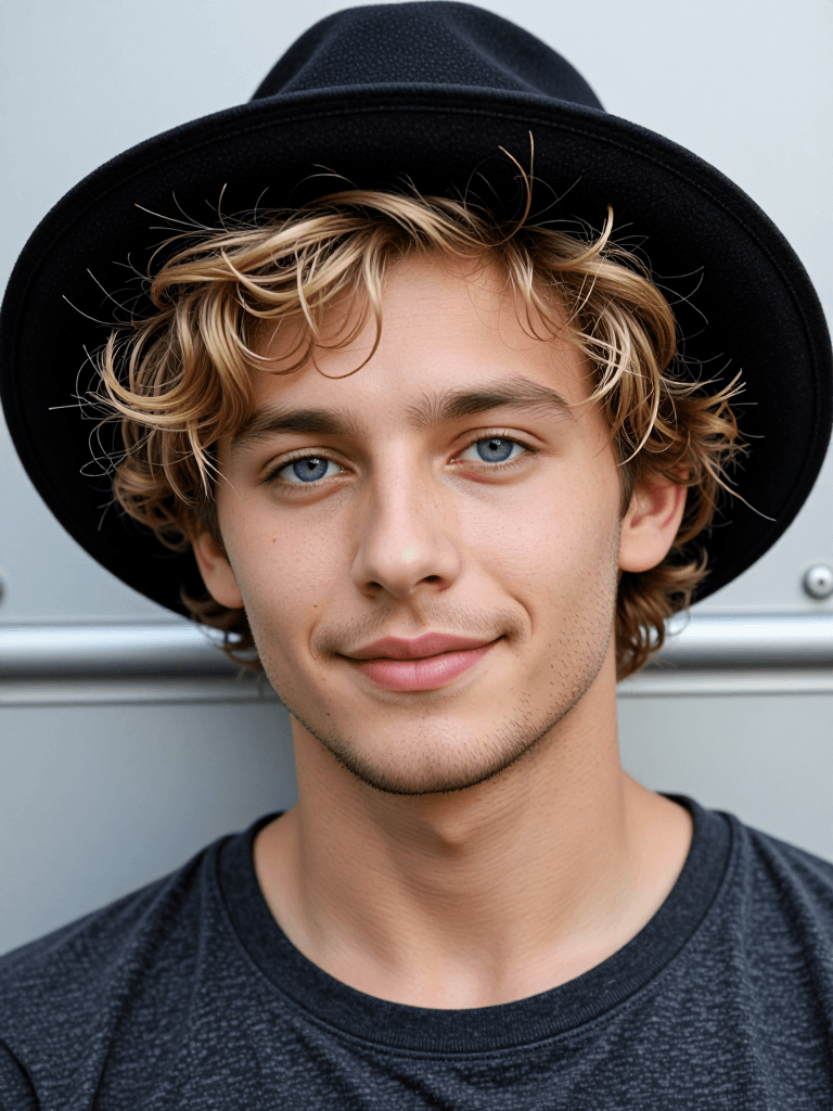 Man in fedora, gray wall