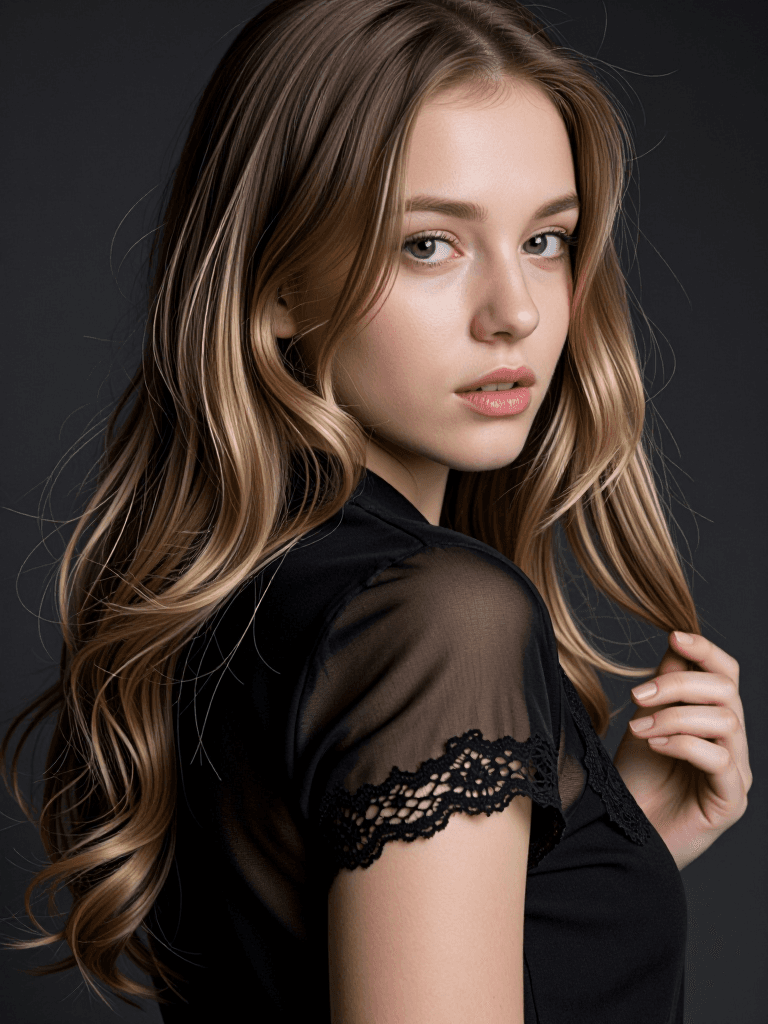 Blonde over shoulder, lace blouse