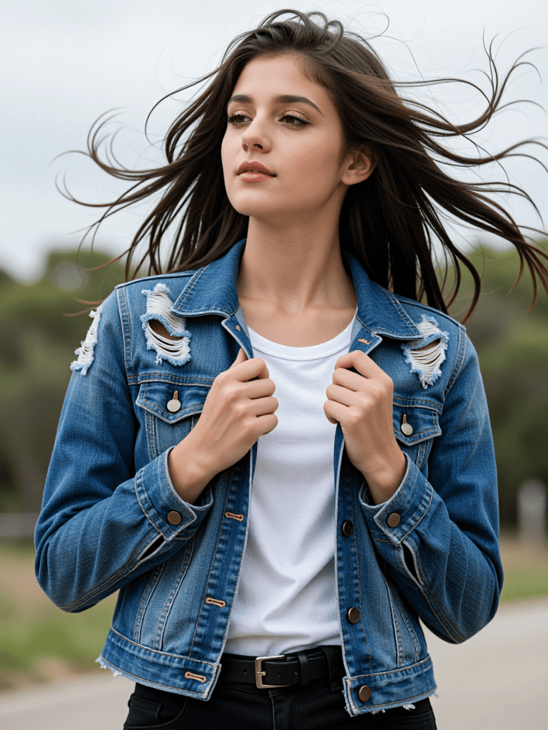 Wind-blown denim portrait