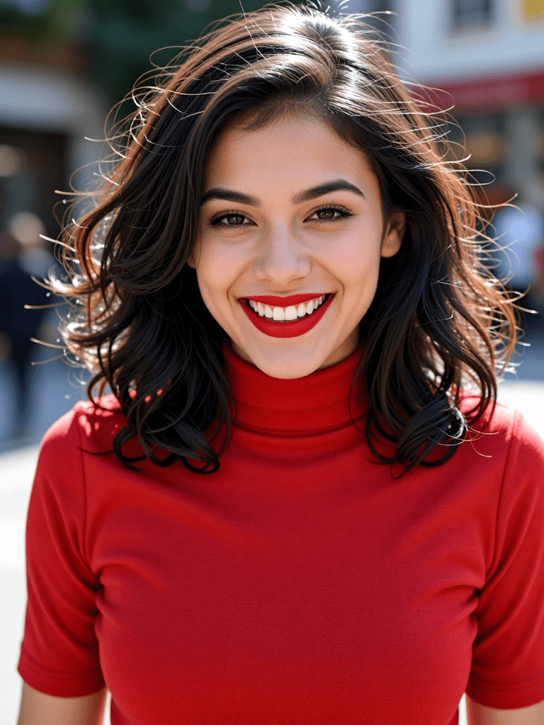 Red lipstick, joyful smile