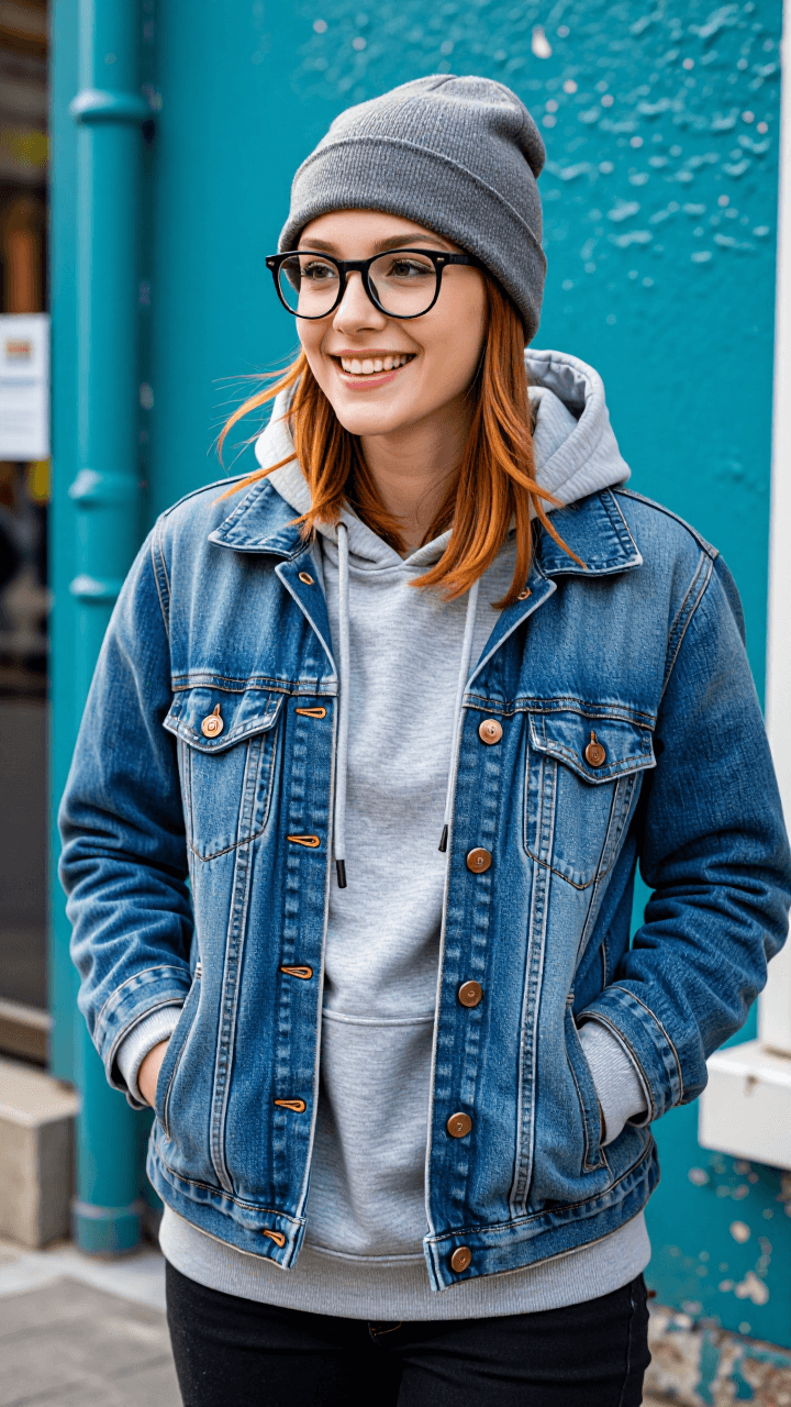 Redhead beanie on teal wall