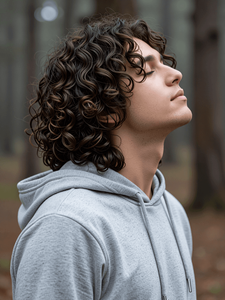 Curly hoodie in misty forest