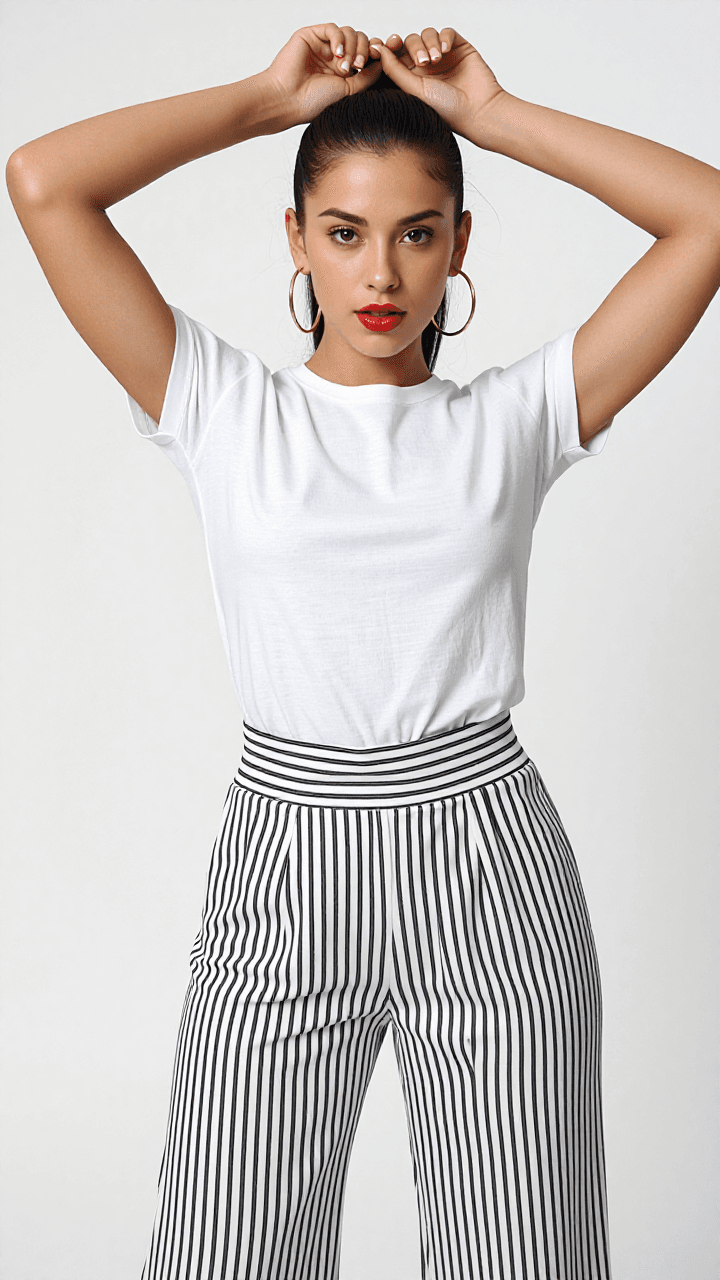 White outfit, hands overhead